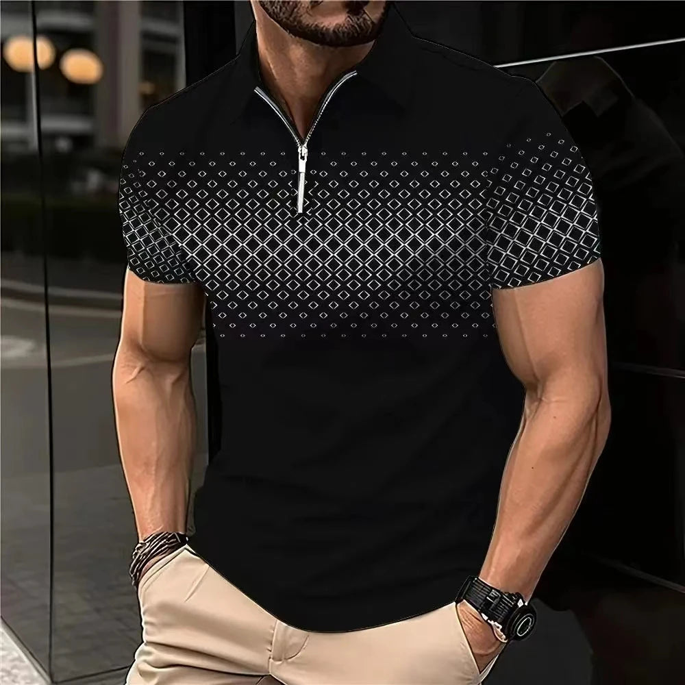 Men'S Polo Shirt Plaid Print Zip Polo T-Shirt Summer Short Sleeve Daily Casual Golf Shirt High Quality Tops Fashion Men Clothing