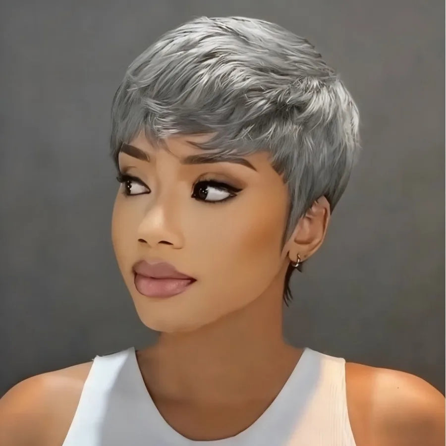 Women's Brazilian Grey Human Hair Wig - full machine made wig Short Straight Layered Pixie Cut, Natural Look with Soft Waves