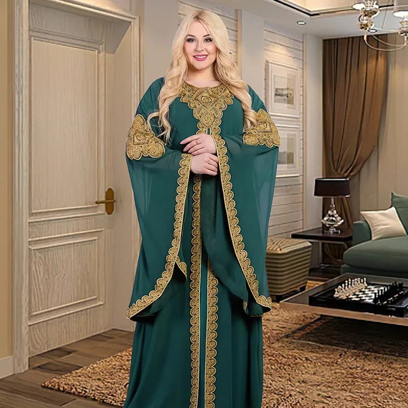 Party Dresses for Women Abaya Muslim Caftan 2 Piece Set Eid Flare Sleeves Robe Embroidered Gold Lace Dress Suit Jalabiya Ramadan