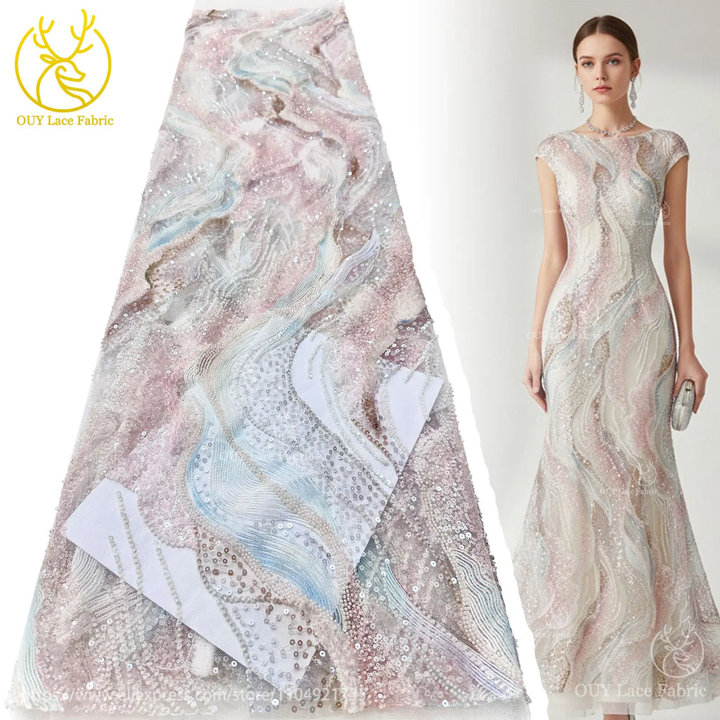 Latest French Ladies Party Evening Dresses Luxury Lace Fabrics High Quality African Groom Beaded Sequins Tulle Lace Fabrics