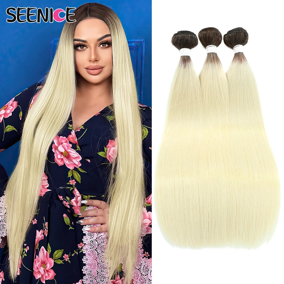 Bone Straight Hair Extensions Ombre Blonde Fake Hair Bundles Super Long Hair Synthetic 22-40 Inch Straight Hair Full to End