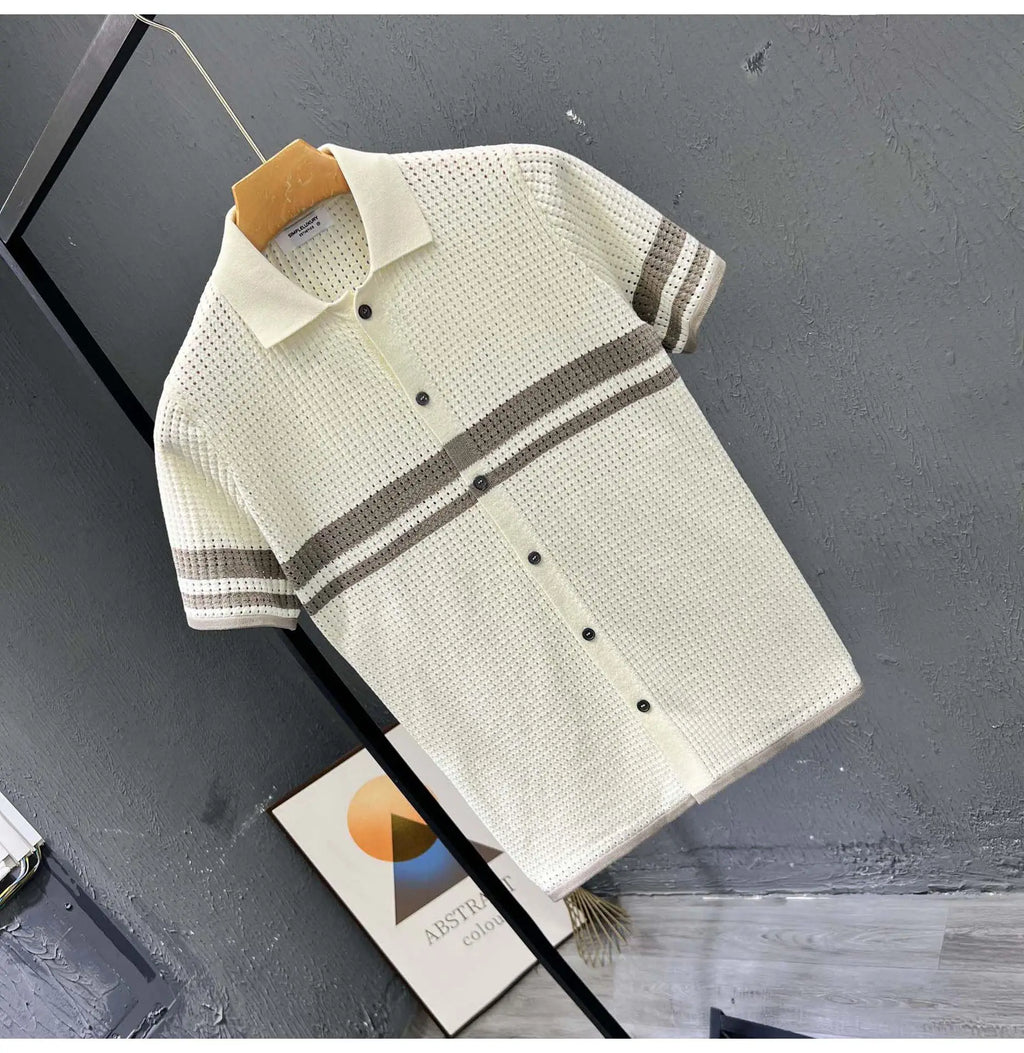 POLO Shirt Knitted Sweater Short-sleeved Men's Hollow Cardigan Striped Old Money Wind Casual T-shirt Summer Men Clothing