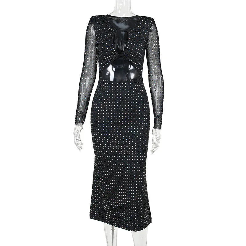 Autumn Winter Sequins Hollow Out Sexy Party Club Maxi Dress Outfits for Women Mesh Long Sleeve Lace Up Bodycon Dresses Vestido