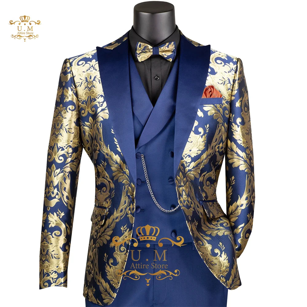 Luxury Jacquard Boys Suit 3pcs Set Black Gold Blazer Waistcoat Pants Tailored Fit for Wedding Pageboy Prom Party Kids Tuxedo