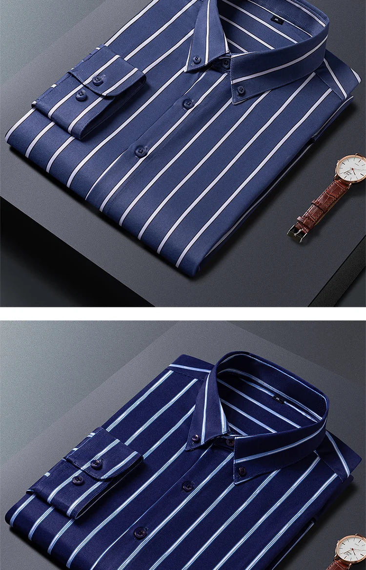 Mens Striped Shirts Korean Fashion Business Formal Wear Long Sleeve Men's Social Shirt Dress Slim Fit Elastic Office Blouse Male