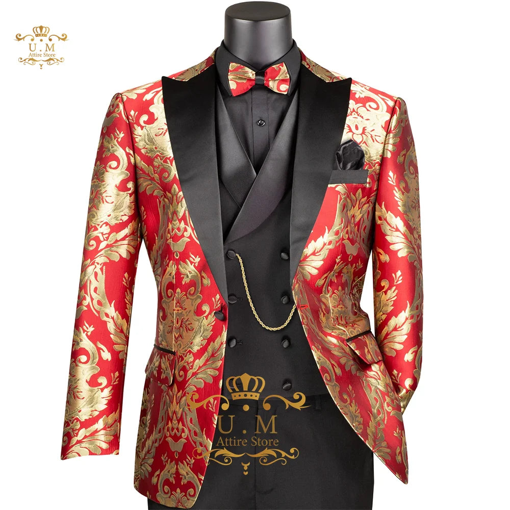 Luxury Jacquard Boys Suit 3pcs Set Black Gold Blazer Waistcoat Pants Tailored Fit for Wedding Pageboy Prom Party Kids Tuxedo