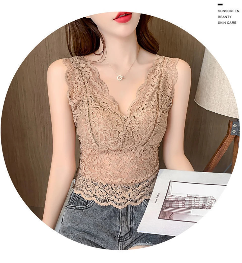Summer Sexy Deep V Lace Vest With Breast PadsEmbroidery Floral Tank Top Wrapped Chest Camisole Padded Crop Tank Top For Women
