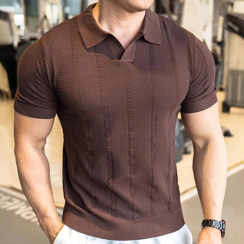 Men's Short Sleeved Knitted Polo Shirt Summer Business Lapel Stylish Solid Color Slim Fit Breathable Quick Drying Golf T-Shirt