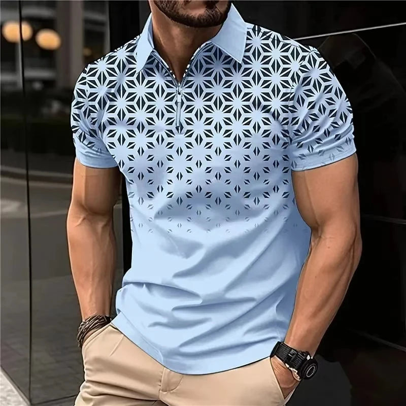 Men'S Polo Shirt Plaid Print Zip Polo T-Shirt Summer Short Sleeve Daily Casual Golf Shirt High Quality Tops Fashion Men Clothing
