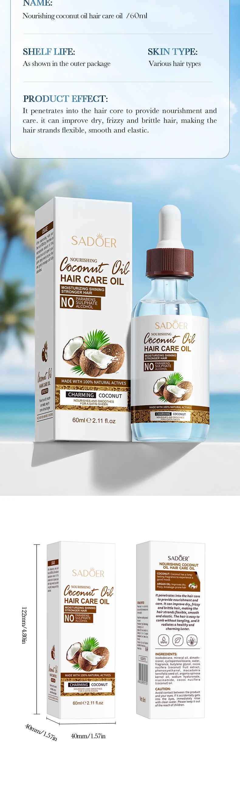 SADOER Coconut Hair Care Oil Hair Essence Repair Dry Damaged Hair Smooth Nourishing Moisturizing Treatments for Hair