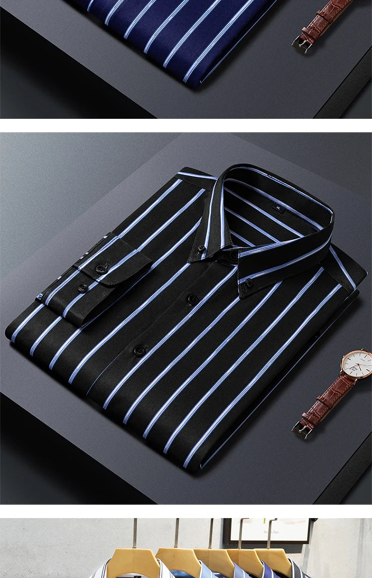 Mens Striped Shirts Korean Fashion Business Formal Wear Long Sleeve Men's Social Shirt Dress Slim Fit Elastic Office Blouse Male
