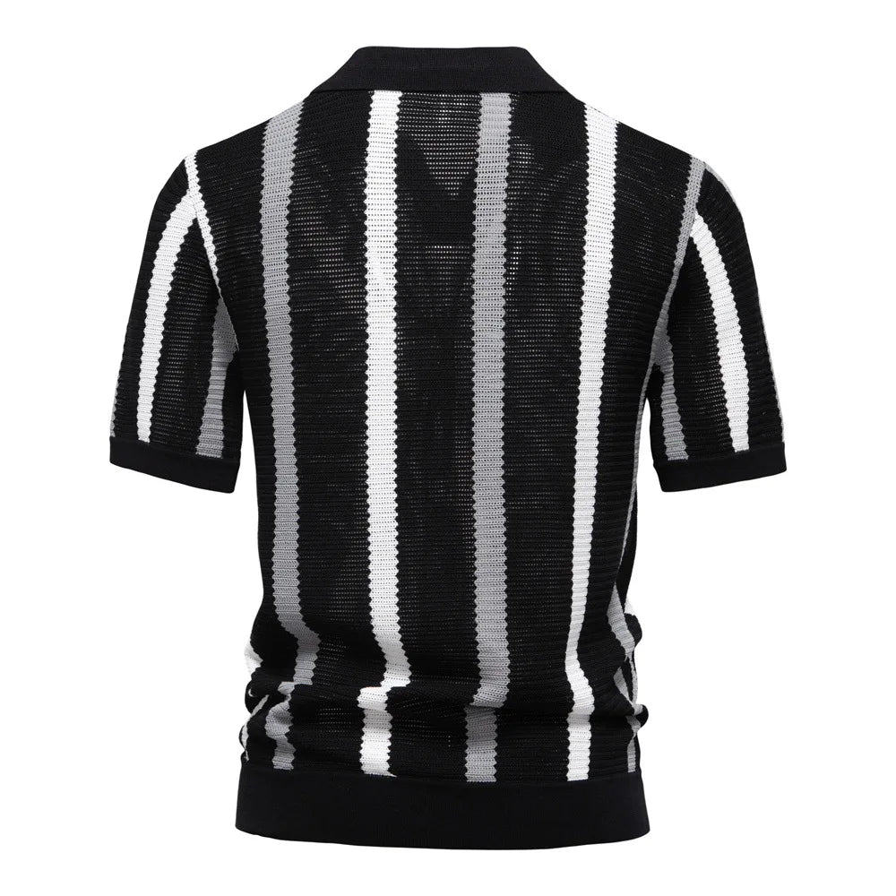 New summer men's short-sleeved striped knitted POLO shirt with hollow-out design and breathable mesh fabric.