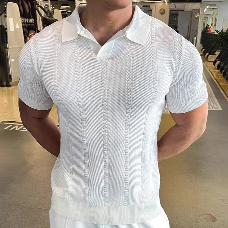 Men's Short Sleeved Knitted Polo Shirt Summer Business Lapel Stylish Solid Color Slim Fit Breathable Quick Drying Golf T-Shirt