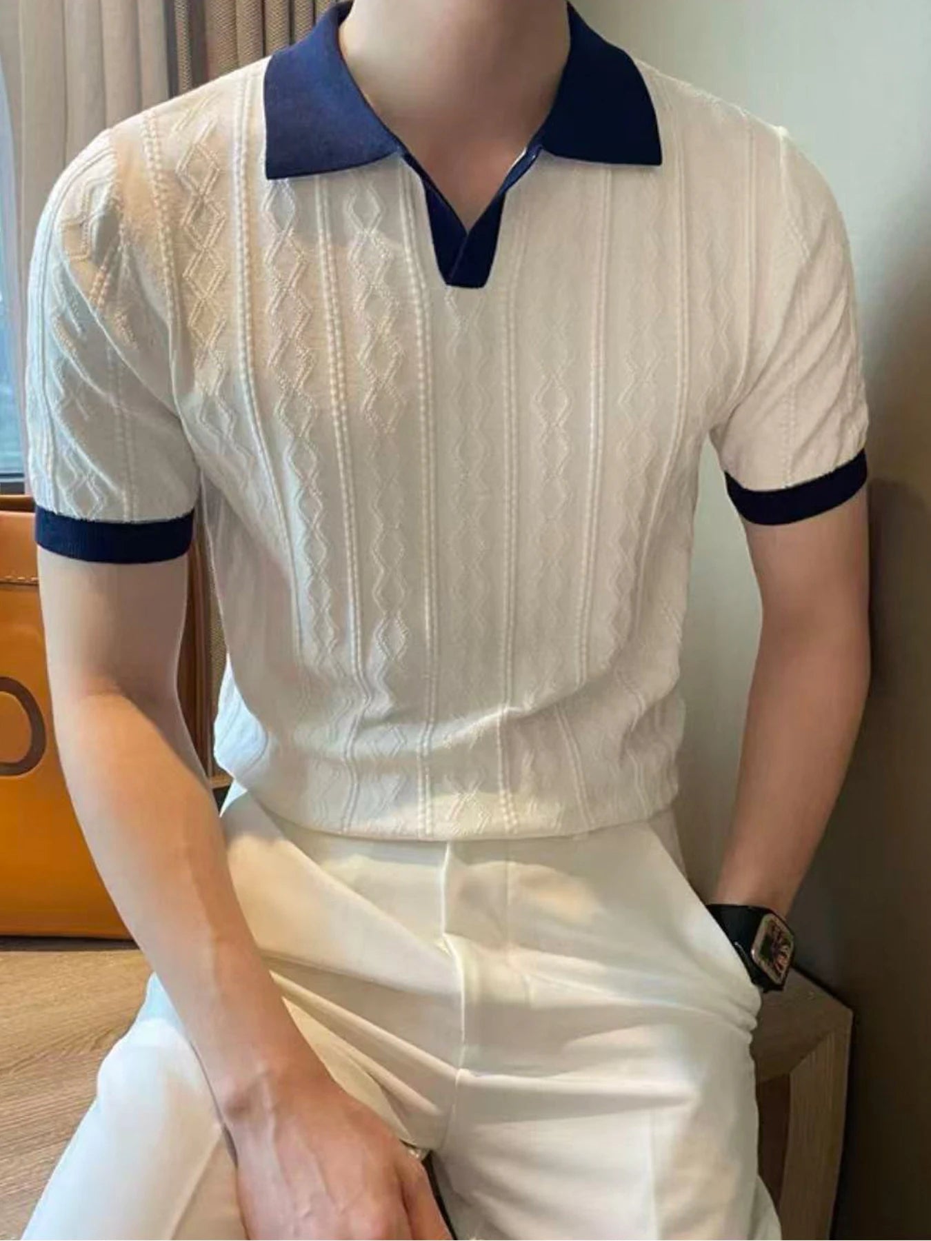 New Men's Slim Fit Polo Shirt Solid Color Elastic Sexy Collar T-shirt Fashionable Casual Top Summer Clothing Comfortable