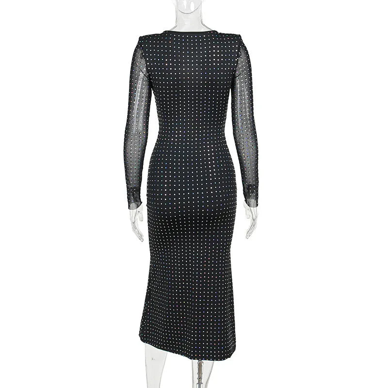 Autumn Winter Sequins Hollow Out Sexy Party Club Maxi Dress Outfits for Women Mesh Long Sleeve Lace Up Bodycon Dresses Vestido
