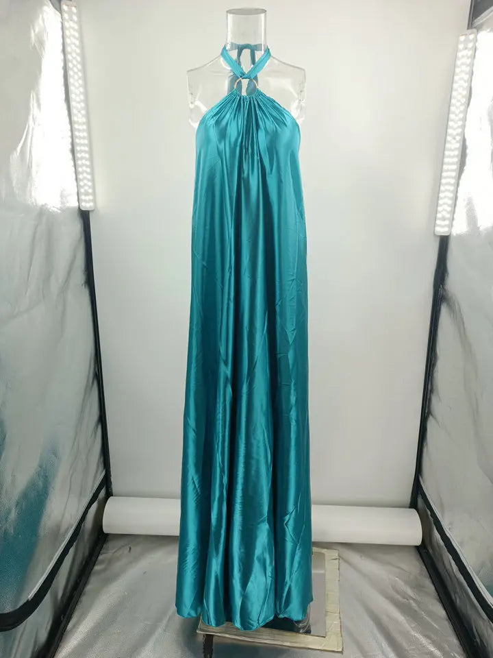 Party Dresses For Women Loose Halter Neck Leace-up Backless Sexy Satin Evening Dress A-line Summer New Fashion Elegant Vacation