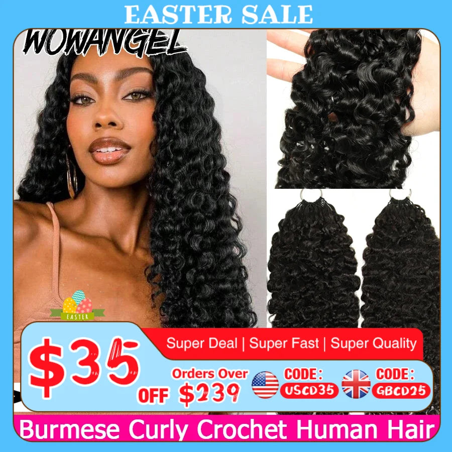 12A Burmese Curly Crochet Human Hair Knotless Pre-Separated Crochet Hair Extensions With String Curly Pre-Looped Feather Hair