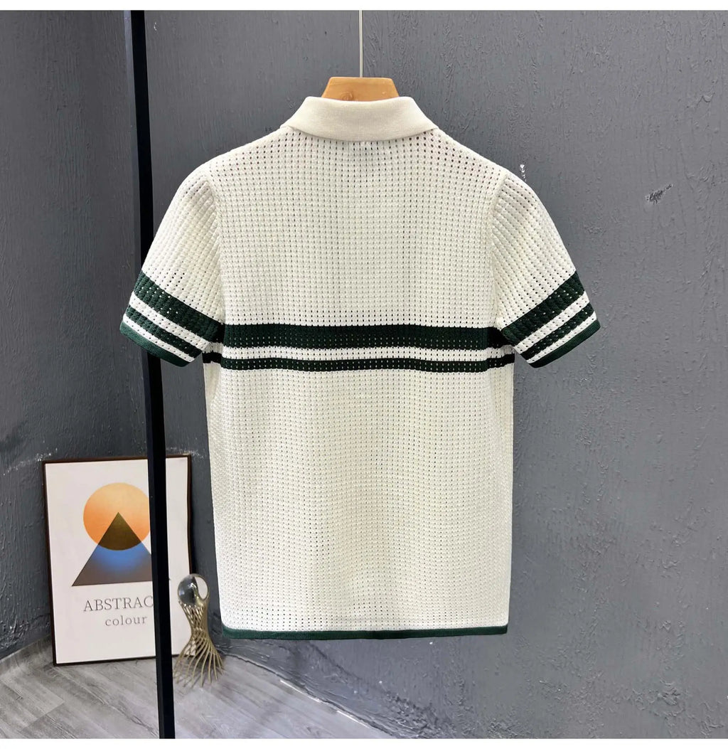 POLO Shirt Knitted Sweater Short-sleeved Men's Hollow Cardigan Striped Old Money Wind Casual T-shirt Summer Men Clothing