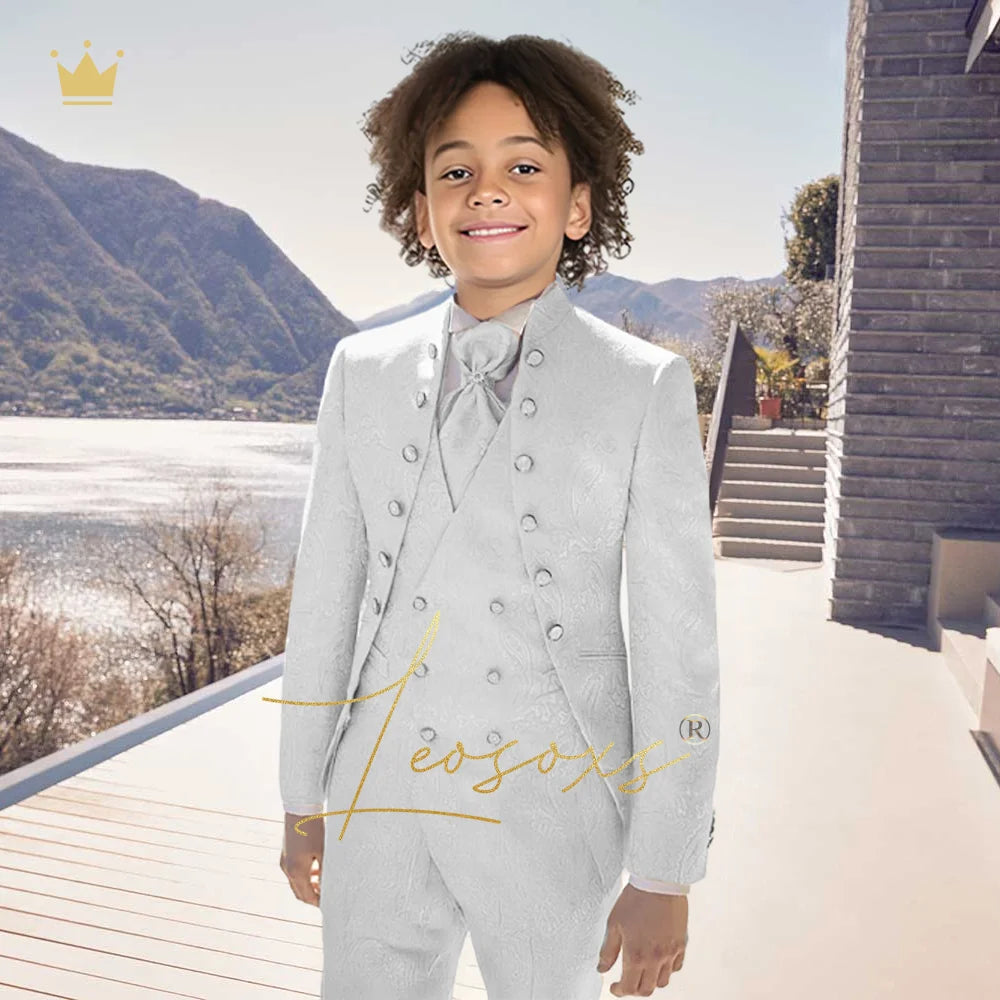 Boys' Jacquard 3-Piece Suit - Custom-made, elegant, vintage, and royal court style, suitable for weddings and banquets.