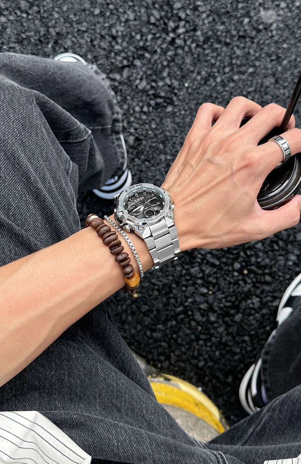 Men's watch, long-lasting battery, with timer and alarm functions, rotating windmill design, stainless steel strap