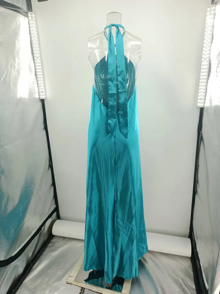 Party Dresses For Women Loose Halter Neck Leace-up Backless Sexy Satin Evening Dress A-line Summer New Fashion Elegant Vacation