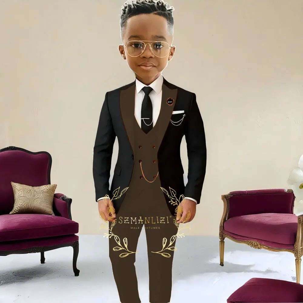 Boys Suit Wedding Tuxedo Black Jacket Beige Pants Vest 3 Pieces Set Kids 2-16 Years Old Child Formal Party Suits Clothes Blazer