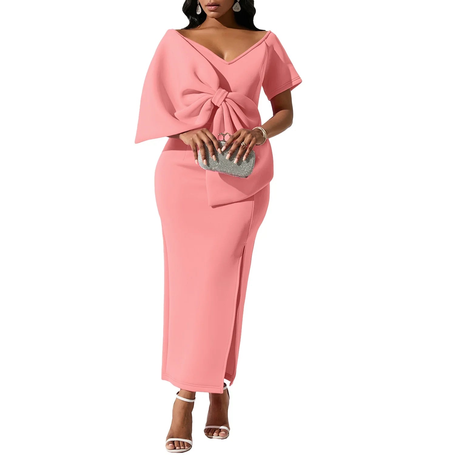 Elegant Party Dresses for Woman 2024 New V Neck Short Sleeve Big Bow Decorate Sheath Side Split Ankle Length Luxury Party Dress