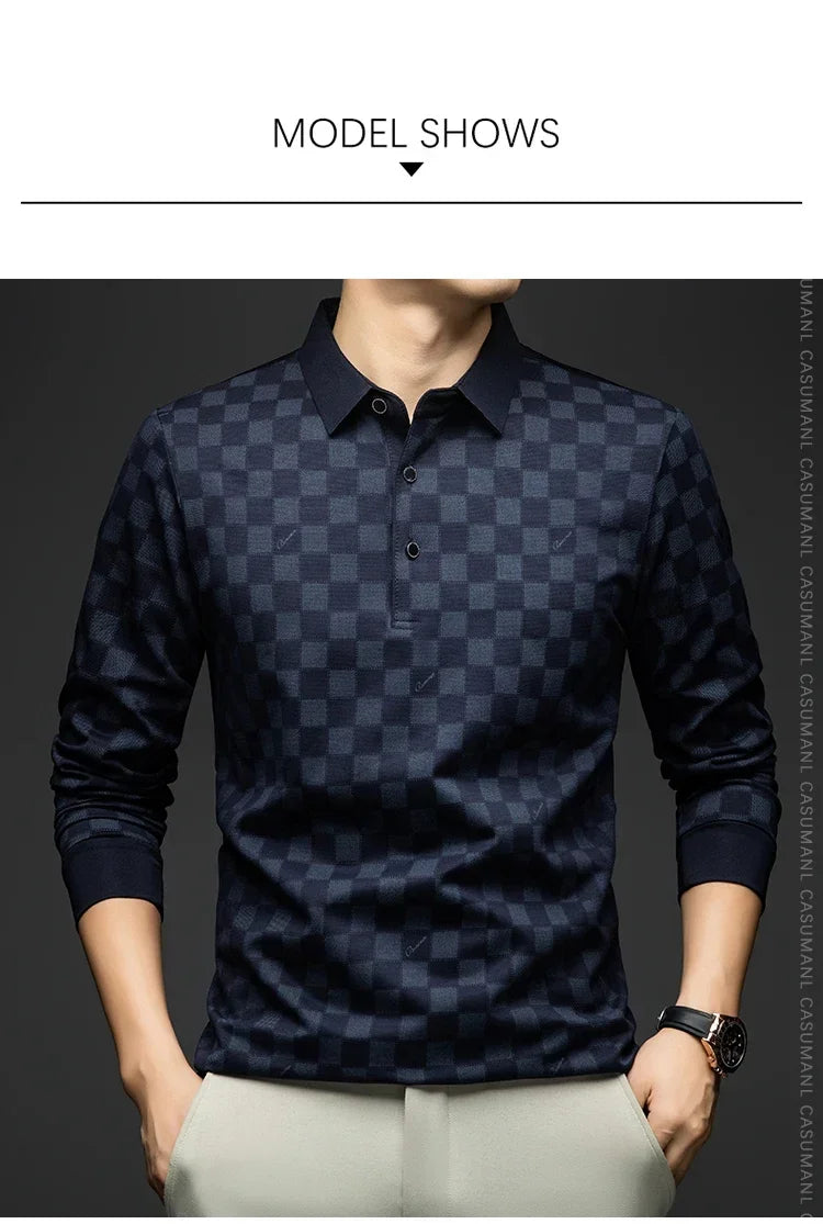Polo Shirts for Man Autumn Business Slim Fit Long Sleeve T Shirt Men New Casual Loose Pullover Plaid Men Tops & Tees