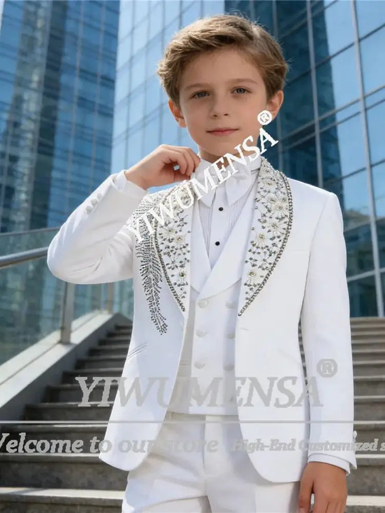 Handsome Boy Suit 3 Piece Sets Beads Pearls Prom Blazers Customized Children Formal Wear Tuxedos Kids Bithdaty Wedding Attires