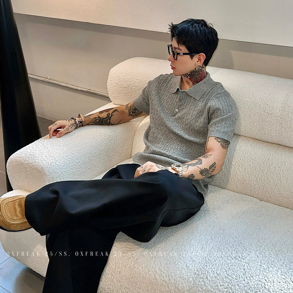 POLO Shirt Knitted Sweater Short-sleeved Men's Hollow Cardigan Striped Old Money Wind Casual T-shirt Summer Men Clothing