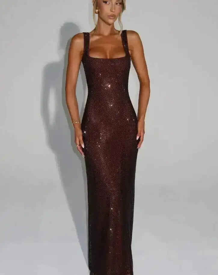Giyu Sexy Sequined Mesh Diamond Club Evening Party Dresses Women 2025 Summer Autumn Sleeveless Backless Bodycon Maxi Long Dress