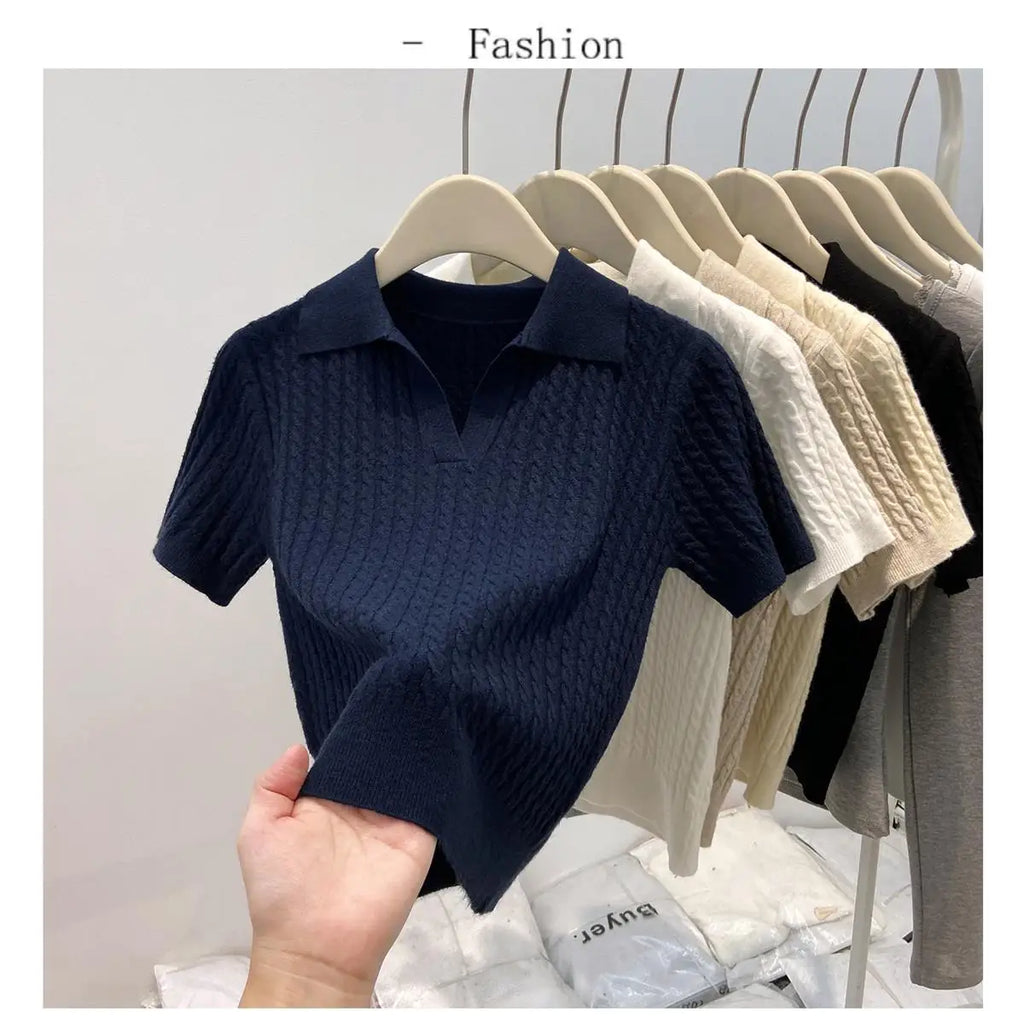 Polo Neck Knit Sweater Women Short Sleeve T-shirt High-end Slim Korean Chic High-end Tops Patchwork Women Clothing Thin Pullover