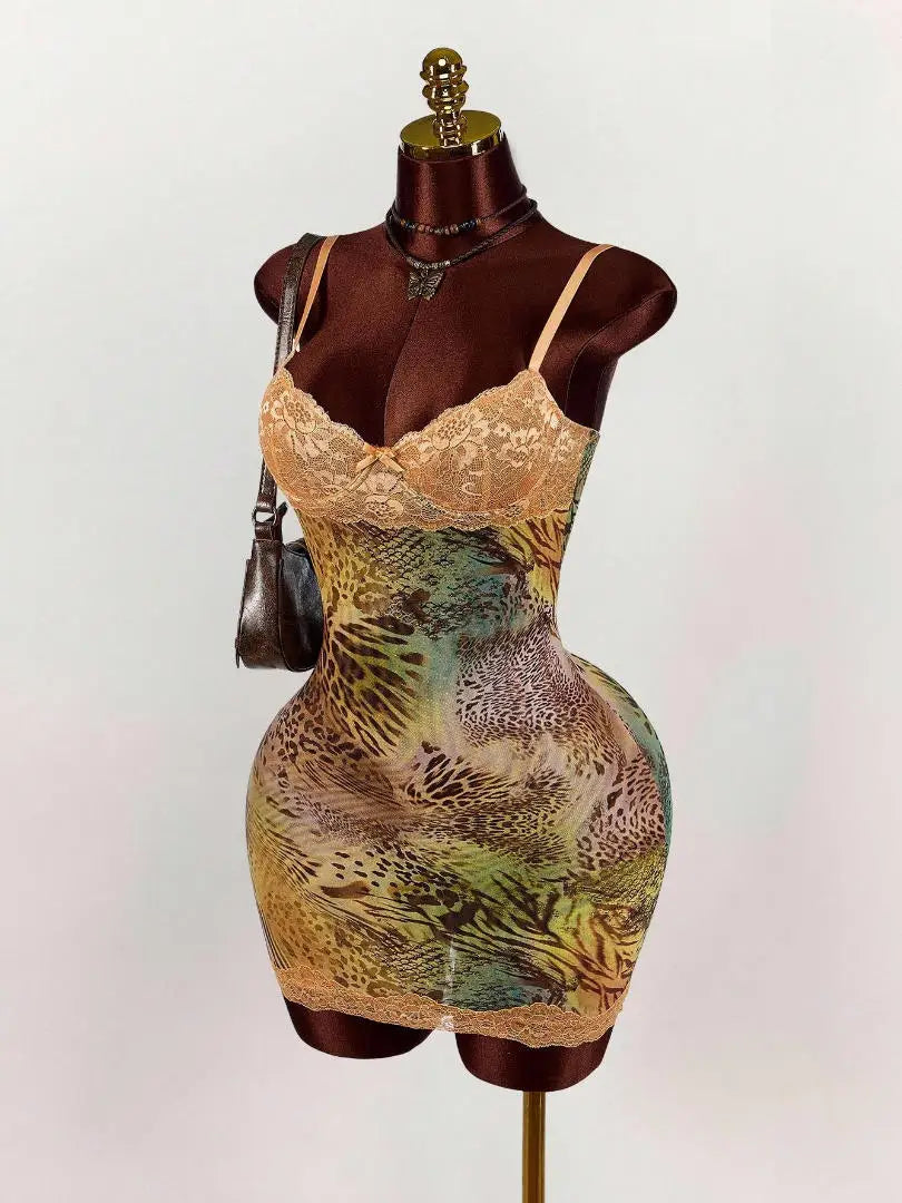 Sexy Party Dresses For Woman Lace Suspender Evening Dress Retro Printed Backless Vestidos Bodycon package Hip Backless Elegant