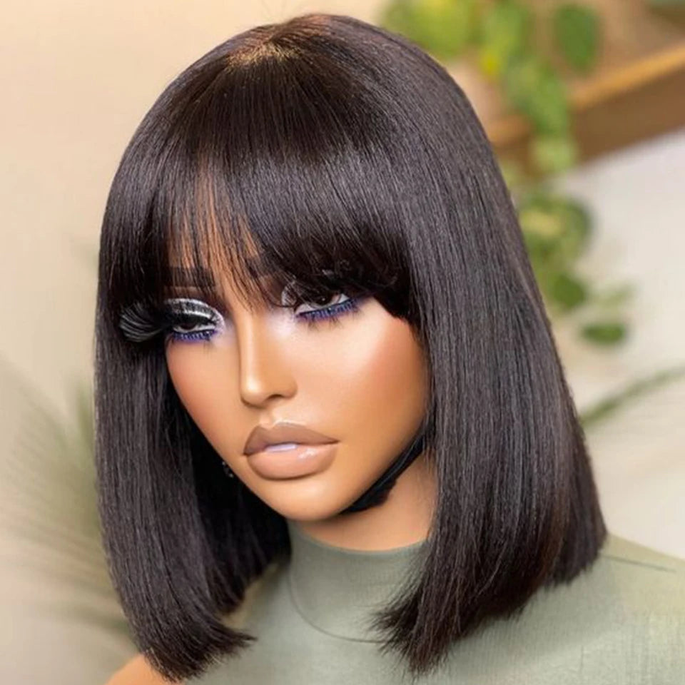 Brazilian Hair Reddish Brown color#33A Short Cut Straight Bob with Bangs 100% Human Hair Bob Wigs Real Scalp Straight Bob Wig