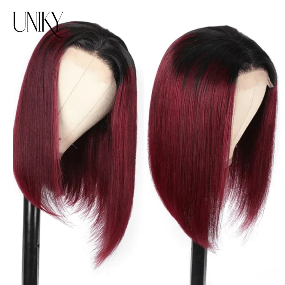 Brazilian Bone Straight Human Hair Wigs For Women 1B/99J Highlight Wig Human Hair bob Wig Straight13x4 Lace Frontal Short BobWig