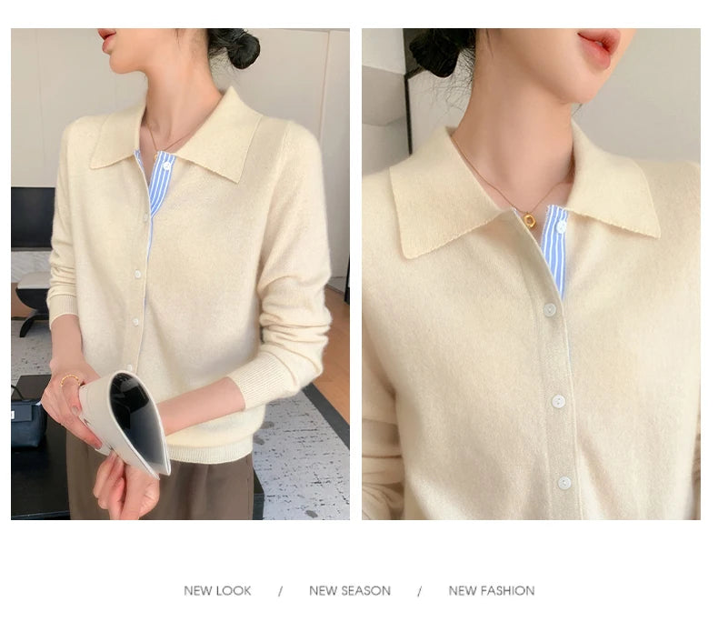 Women's Polo Collar Shirt Cardigan Merino Wool Sweater Long-sleeve Color Bar Clothing Spring Autumn Warm Knitwear Female Top