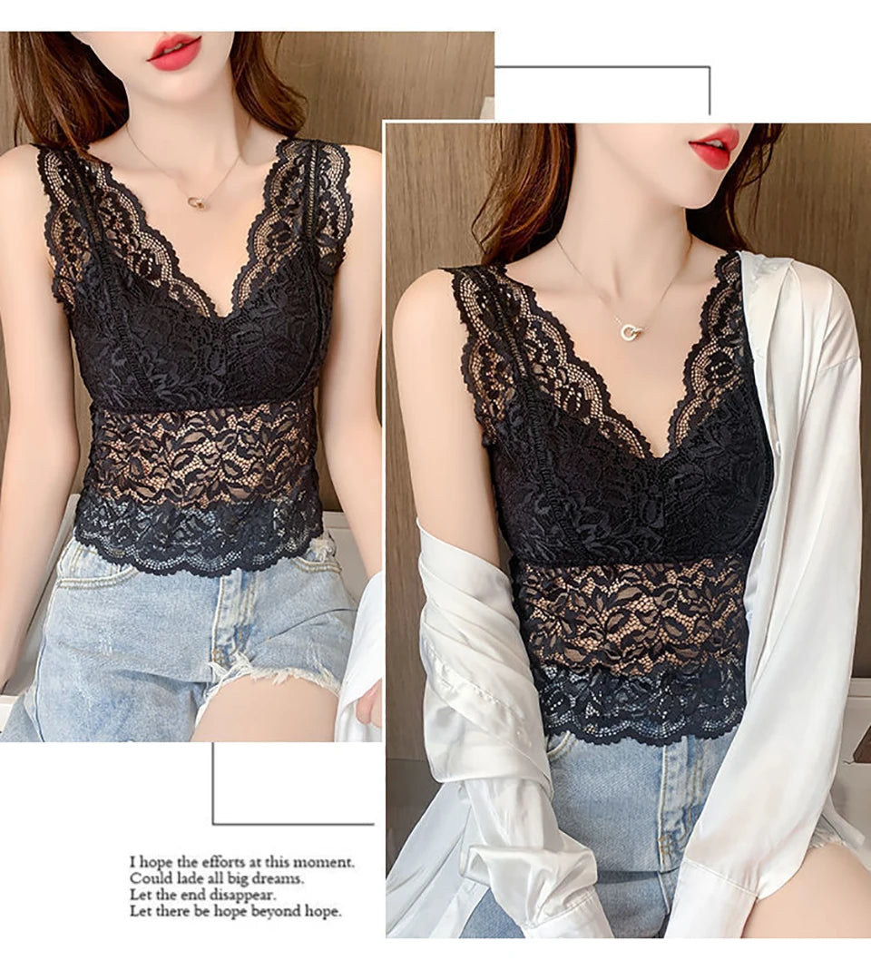 Summer Sexy Deep V Lace Vest With Breast PadsEmbroidery Floral Tank Top Wrapped Chest Camisole Padded Crop Tank Top For Women