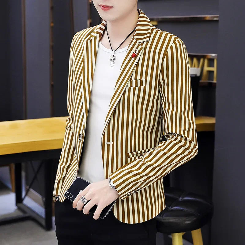 Mens Blazer Jacket 2022 New Suit Male Casual Korean Style Trendy Slim Striped Student Small Suit Jacket Hair Stylist Single Top
