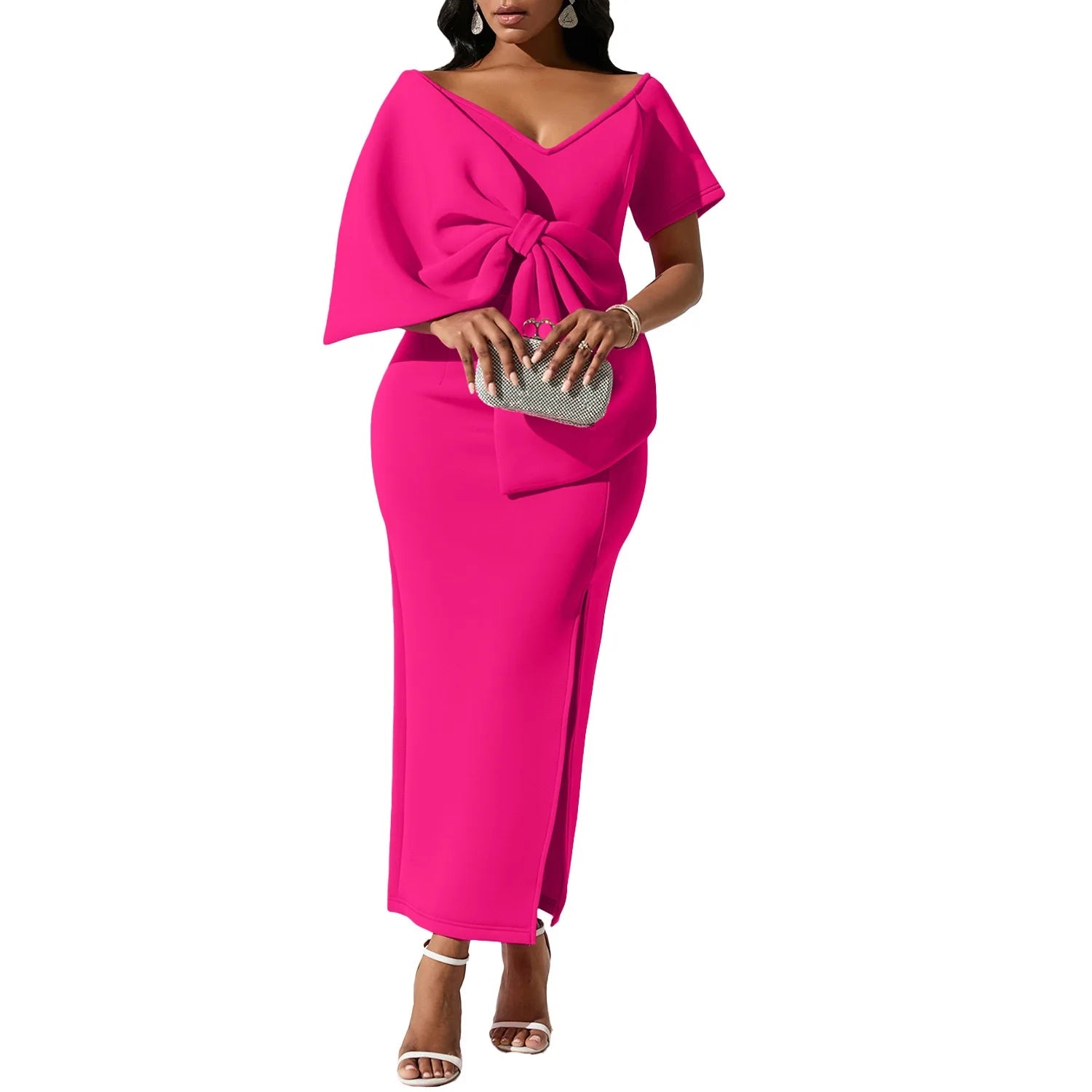 Elegant Party Dresses for Woman 2024 New V Neck Short Sleeve Big Bow Decorate Sheath Side Split Ankle Length Luxury Party Dress