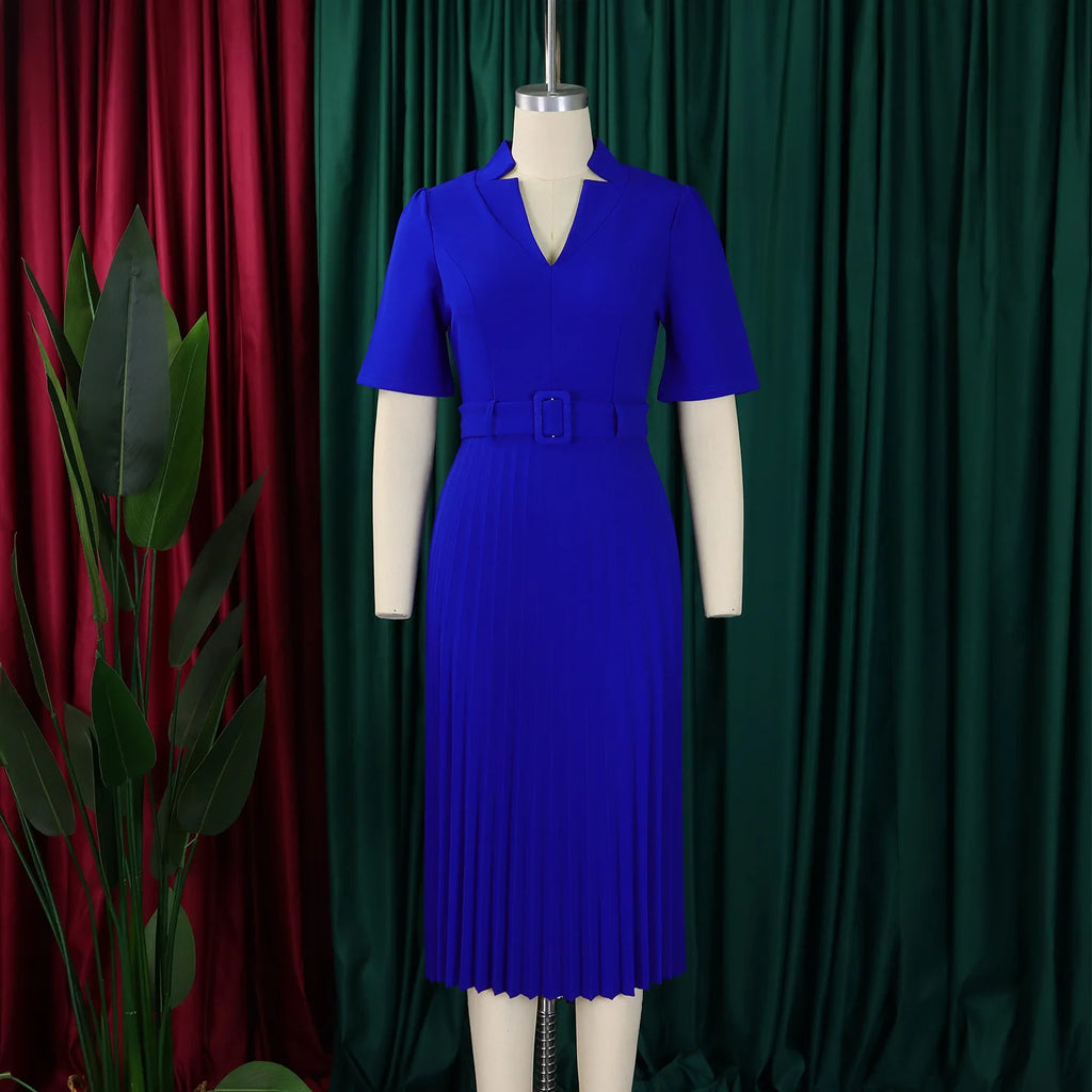 Fashion Ladies Birthday Party Dinner Night Dress New Elegant Pleated Dresses For Women V Neck Short Sleeve Belt Waisted Mid Calf