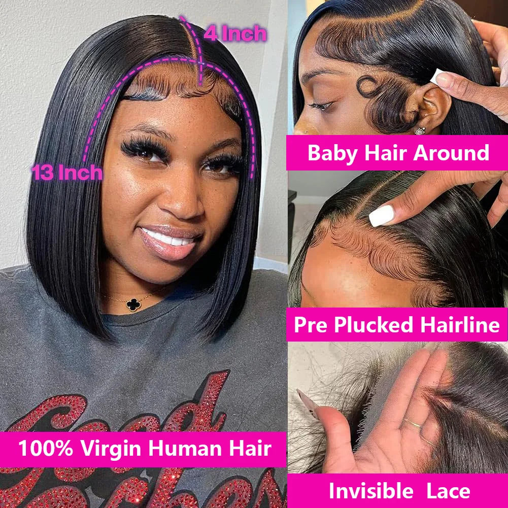 Straight Short Bob Wig Human Hair 13x4 Transparent Lace Front Wigs 230 Density Natural Black Bone Straight Short Human Hair Wigs