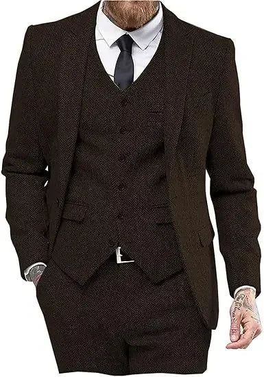 Blazer For Men Designs Brown Tweed Suit Men Vintage Winter Formal Wedding Suits For Men Men's Classic Suit 3 Pieces Men Suit