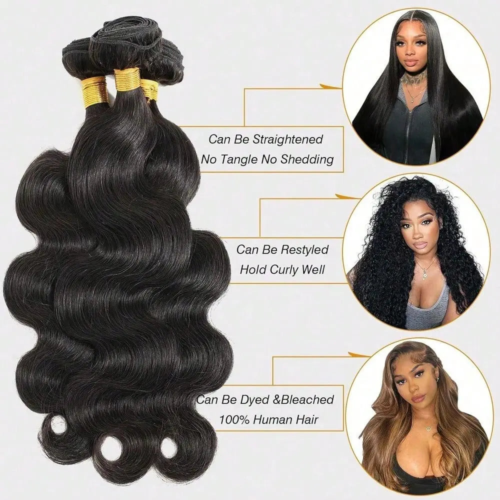4 Bundles 15A Body Wave Human Hair, 22 24 26 28 Inch 100% Unprocessed Brazilian Virgin Double Weft Extensions in Black Color