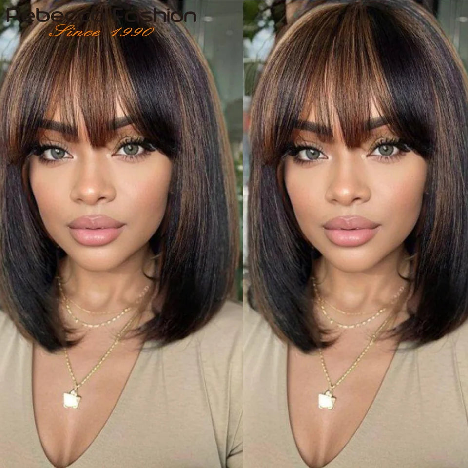 Straight Human Hair Wigs With Bangs Fringe Middle Part Bob Lace Wigs Realistic Scalp Brazilian Straight Bob Lace Wigs With Bangs