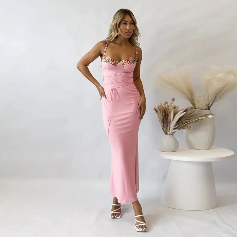 Y2K Sexy Sleeveless Backless Floral Maxi Long Dresses Outfits for Women Summer Lace Up Bandage Bodycon Party Club Dress Gift