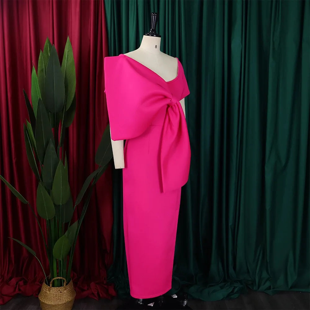 Elegant Party Dresses for Woman 2024 New V Neck Short Sleeve Big Bow Decorate Sheath Side Split Ankle Length Luxury Party Dress