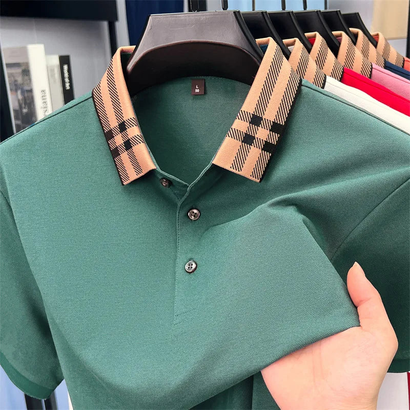 Fashion brand plaid lapel short sleeve polo shirt men summer new style simple solid color high-end business casual golf T-shirt