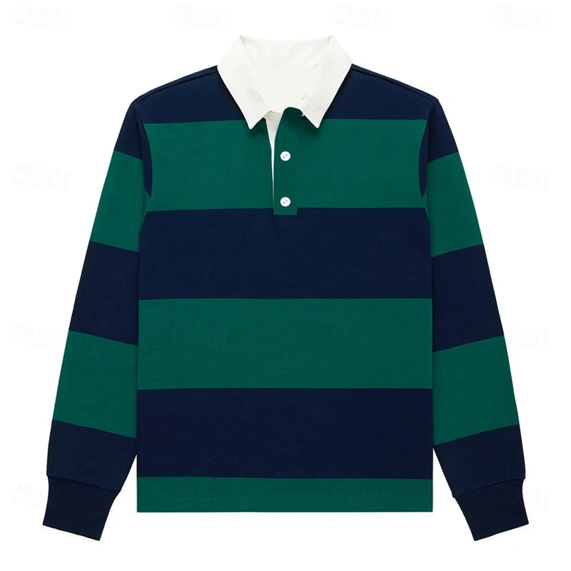 Simple Fashion Striped Polo Shirts For Men Casual Autumn Long Sleeve 3D Printed Golf Polo Shirt Loose Breathable Lapel Tops