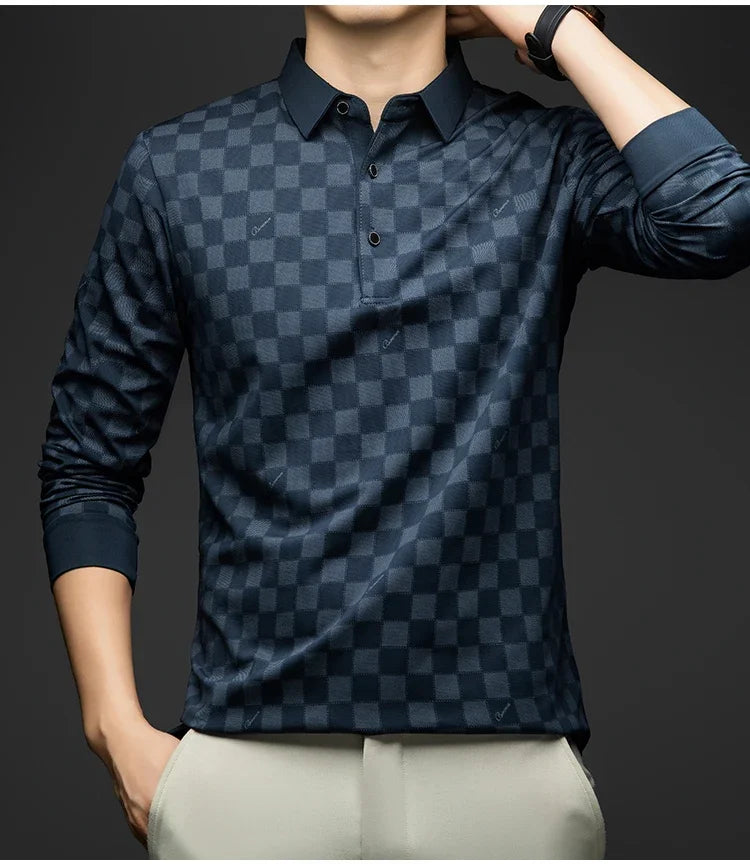 Polo Shirts for Man Autumn Business Slim Fit Long Sleeve T Shirt Men New Casual Loose Pullover Plaid Men Tops & Tees