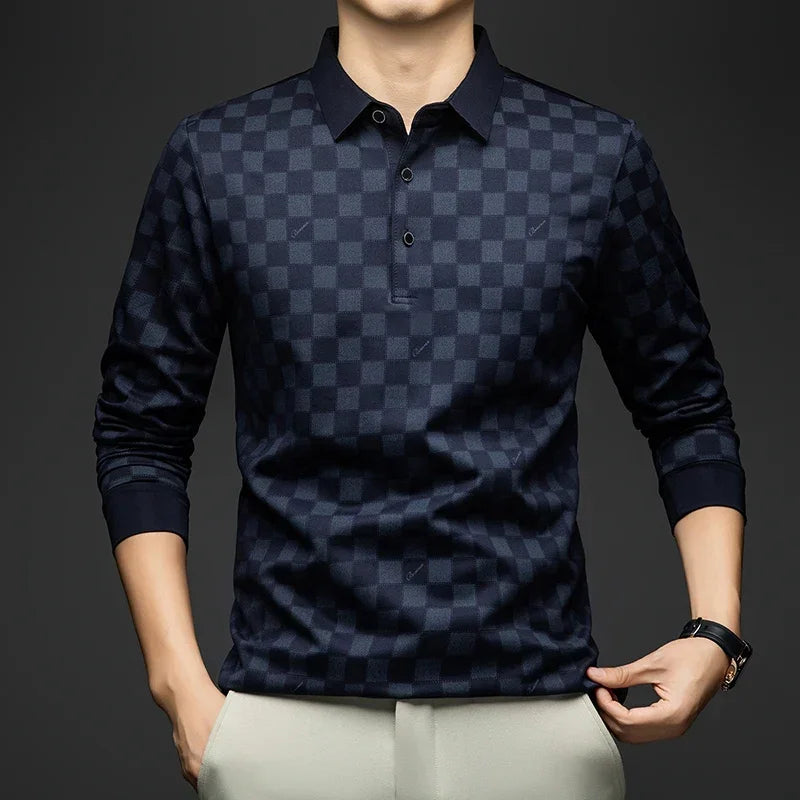 Polo Shirts for Man Autumn Business Slim Fit Long Sleeve T Shirt Men New Casual Loose Pullover Plaid Men Tops & Tees